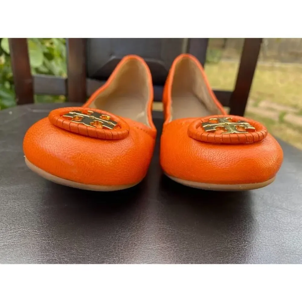 Tory Burch Minnie Travel Ballet Leather Casual Orange Women's US 5 Slip-Ons
